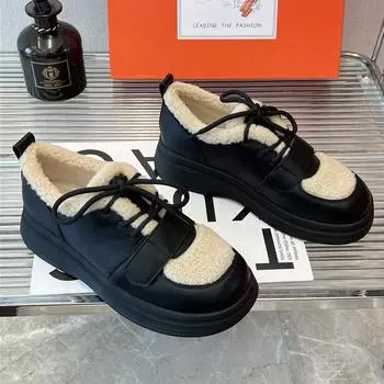 Утолщенные одинарные туфли для женщин, зимние, со шнуровкой, круглым носком, толстая подошва, теплые хлопковые ботинки, женские удобные туфли на плоской подошве 35