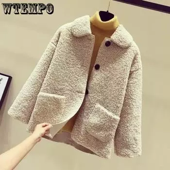 Утолщенные осенне-зимние корейские свободные однотонные однотонные женские короткие студенческие топы из флиса и меха из овечьей шерсти XXXL бежевый