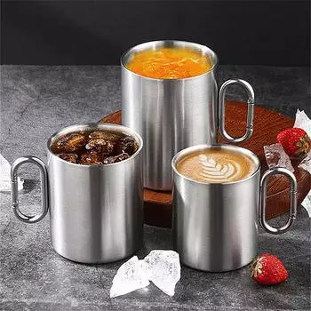 Утолщенные пивные кружки для кемпинга на открытом воздухе, двухслойные кружки для холодных напитков, переносная кружка для альпинизма с карабином, посуда для питья 200-400ml