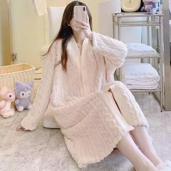 Утолщенные плюс-бархатные пижамы женские новые зимние теплые лоскутные карманы милые пижамы для девочек домашняя свободная одежда для отдыха M