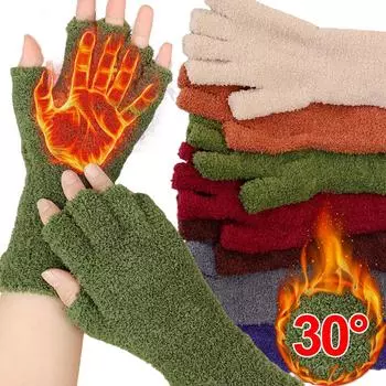 Утолщенные плюшевые теплые перчатки, однотонные коралловые флиса, перчатки без пальцев для сенсорного экрана для женщин, зимние варежки для письма пальцами