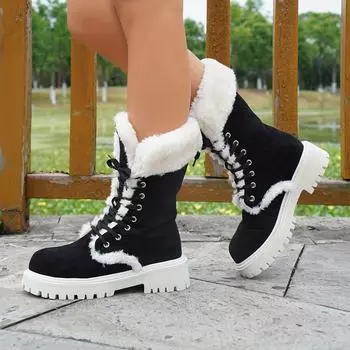 Утолщенные плюшевые зимние сапоги для женщин зимние ботильоны на платформе из искусственного меха женские зимние сапоги до середины голени на шнуровке утолщенная хлопковая обувь 35 чёрный