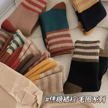 Утолщенные полосатые носки детские средние носки Tide из чистого хлопка бархат теплые японские ретро махровые чулки One Size темно-синий