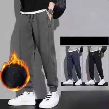 Утолщенные повседневные брюки с флисовой подкладкой, мужские свободные спортивные длинные брюки, модные осенне-зимние новые мужские теплые брюки M темно-синий