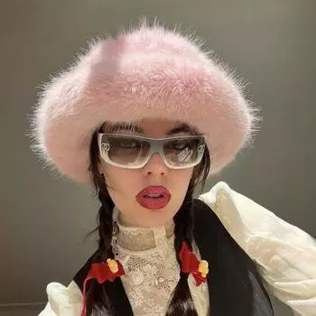 Утолщенные шапки-ведра из искусственного меха, теплые пушистые женские шапки, модные шапки из искусственного меха 2000 года для девочек белый