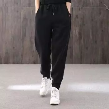 Утолщенные спортивные штаны женские теплые бархатные шаровары зимние модные брюки-бойфренды с высокой талией зимние брюки 9XL чёрный