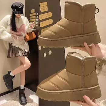 Утолщенные теплые ботинки, новые зимние ботинки 2025 года на толстой подошве до середины голени, женские хлопковые туфли для активного отдыха, водонепроницаемые нескользящие ботинки Zapatos De Mujer 36 чёрный