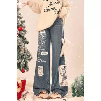 Утолщенные женские джинсы Blue Bear и маленькие узкие прямые широкие брюки с длинными штанинами L синий