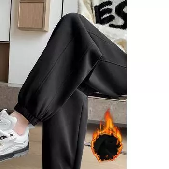 Утолщенные женские спортивные брюки с флисовой подкладкой, с высокой талией, свободного кроя, утягивающие, повседневные, универсальные, осень и зима XXXL чёрный