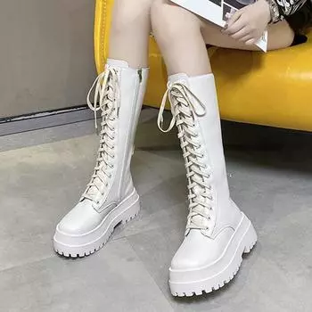 Утолщенные зимние рыцарские сапоги женские высокие сапоги на квадратном каблуке ретро толстые мотоциклетные сапоги 39 чёрный