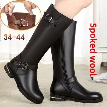 Утолщенные зимние высокие сапоги, шерстяные женские сапоги на низком каблуке, натуральная кожа, хлопковые сапоги средней высоты, высокие сапоги большого размера на плоском каблуке, теплая хлопковая обувь 34