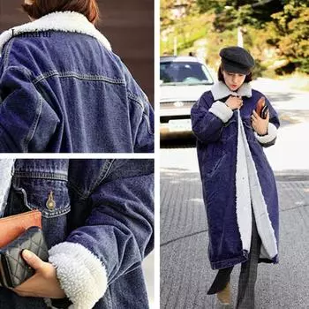 Утолщенный бархатный джинсовый плащ X-Long ягненка, зимние длинные плащи для женщин, однобортные джинсовые пальто с дизайном XXL