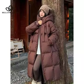 Утолщенный белый утиный пуховый пуховик женский длинный выше колена свободный 2024 новый пиджак длинное пальто S белый