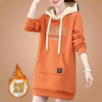 Утолщенный флисовый свитер средней и длинной длины с капюшоном для женщин на весну, осень и зиму, новая корейская версия, свободный и теплый L [recommended 95-52.5 kg]