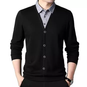 Утолщенный и бархатный искусственный двухсекционный вязаный свитер для мужчин на осень и зиму, новый модный повседневный классический свитер с воротником-рубашкой для мужчин M