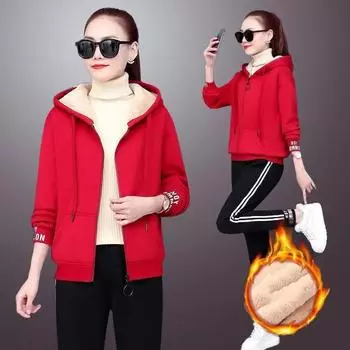 Утолщенный и бархатный повседневный костюм для мам, осенняя и зимняя одежда, куртка для женщин среднего и пожилого возраста, костюм-двойка XS красный