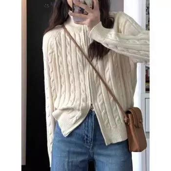 Утолщенный кардиган с двойной молнией, водолазка, свитер, пальто, кардиган для женщин, осень-зима, ленивый, свободный, мягкий, вощеный, утолщенный топ One Size белый