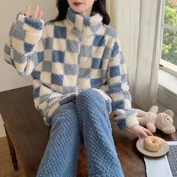 Утолщенный коралловый бархатный пижамный комплект из 2 предметов, фланелевая пижама большого размера, комплект брюк с высоким воротником, домашняя одежда, теплая женская домашняя одежда M