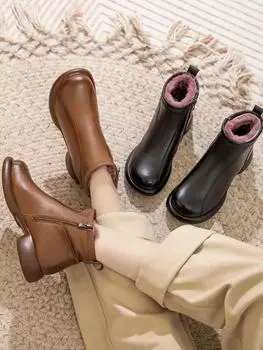 Утолщенный мех и теплая хлопковая обувь для женщин зимой 2024 года, низкие каблуки, короткие сапоги для людей среднего и пожилого возраста, зимние сапоги 35 чёрный