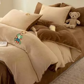 Утолщенный молочный бархат, однотонный, простая вышивка, детский комплект из 4 предметов, зимний, премиум-класса, коралловый бархат 0.9/1.2m бежевый