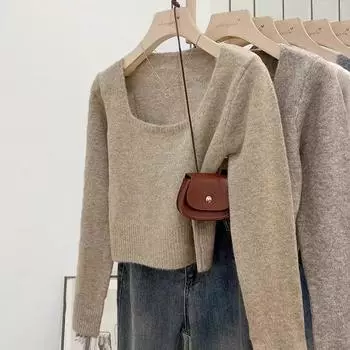 Утолщенный мягкий вощеный свитер с квадратным вырезом для женщин на осень и зиму 2024 года, новый темпераментный свитер с базовым слоем сверху One Size