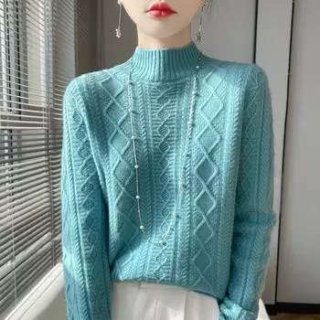 Утолщенный новый свитер осень-зима полуводолазка вязаный семиспальной скрученной пряжей с длинными рукавами готовый шерстяной свитер M