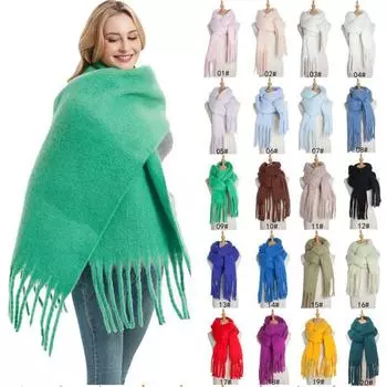 Утолщенный однотонный шарф с густой бородой, зеленый женский платок с длинной кисточкой 215*38+16cm