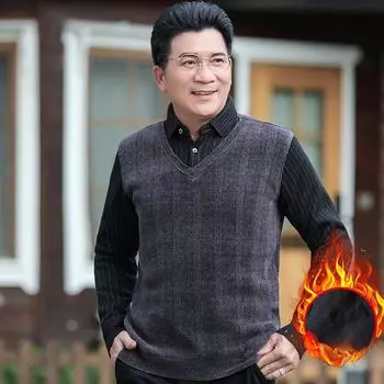 Утолщенный папин свитер с флисовой подкладкой, имитация двух частей с лацканами, теплый мужской свитер M