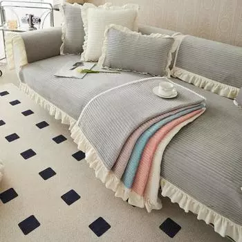 Утолщенный плюшевый чехол для дивана, однотонный цвет для гостиной, осенне-зимний прямой полосатый чехол для дивана, тянущаяся подушка для дивана с кромкой 70x70