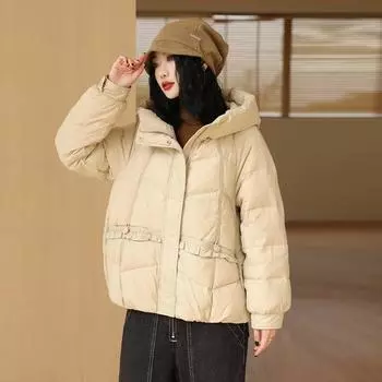 Утолщенный пуховик с капюшоном женский зимняя мода 2024 года с грибковым краем, свободный, большой размер, белый пуховик на утином пуху прилив S