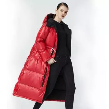Утолщенный пуховик женский длинный с капюшоном зимняя новая большая красная талия свободная теплая куртка большого размера прилив S красный
