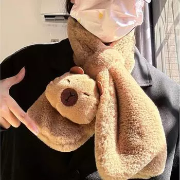 Утолщенный пушистый шарф Capybara, зимний милый плюшевый шейный платок, милый мультяшный шарф с крестиком на шее для леди кофейный