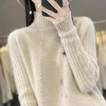 Утолщенный шерстяной свитер с косами, женский пуловер, утолщенный полуводолазка, свободный свитер, осенне-зимний модный трикотажный низ, рубашка с длинными рукавами M