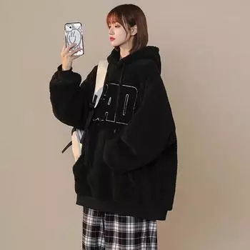 Утолщенный свитер оверсайз, женский осенний стеганый свитер с капюшоном, однотонная плюшевая куртка, свободные удобные мягкие пуловеры, топы M чёрный