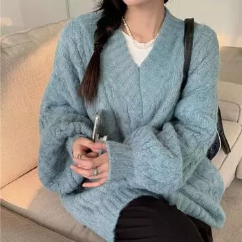 Утолщенный свитер с v-образным вырезом, женский большой размер, осенне-зимний свободный теплый вязаный свитер, удобные повседневные эластичные пуловеры, свитер S белый