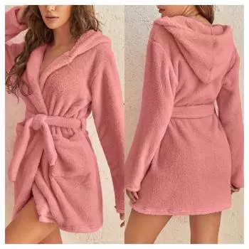 Утолщенный теплый халат зимний женский с капюшоном домашняя плюшевая пижама с подкладкой студенческая пижама домашняя одежда халат для девочек ночная одежда домашняя одежда L розовый