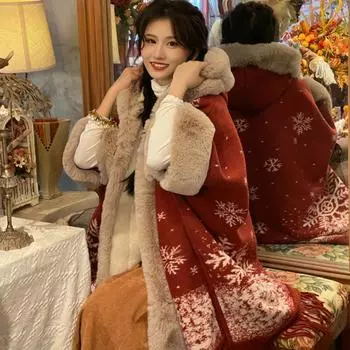 Утолщенный теплый плащ-шаль в стиле ретро, клетчатое пальто с капюшоном и большим меховым воротником, женская одежда One Size бежевый