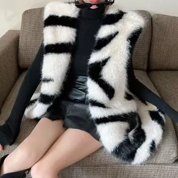 Утолщенный теплый зимний новый темперамент знаменитости искусственный мех жилет женский искусственный лисьий мех полосатый мех жилет S