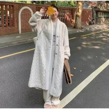 Утолщенный трикотажный свободный пиджак женский с длинным рукавом однобортный модный женский кардиган зимний теплый длинный кардиган шикарная женская верхняя одежда S миндальный