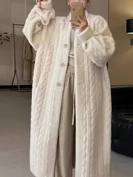 Утолщенный трикотажный свободный пиджак женский с длинным рукавом однобортный модный женский кардиган зимний теплый длинный кардиган шикарная женская верхняя одежда S абрикосовый