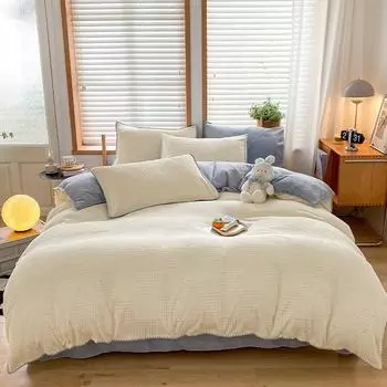 Утолщенный вафельный молочный бархатный комплект из четырех предметов, зимние двусторонние коралловые бархатные простыни и пододеяльник, фланелевые плюс бархатное постельное белье 0.9m bed sheet 3pcs