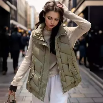 Утолщенный воротник-стойка жилет женский осенне-зимний новый свободный и тонкий терможилет, носить жилетку куртку M армия зеленый