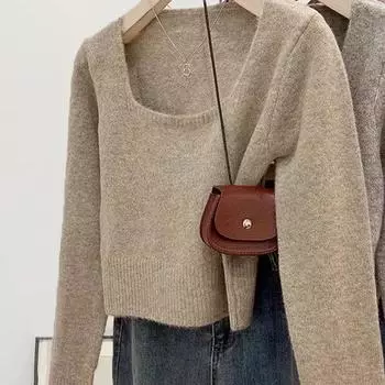 Утолщенный вязаный свитер с квадратным вырезом для женщин, осенне-зимний темпераментный свитер-пуловер с внутренней подкладкой сверху S