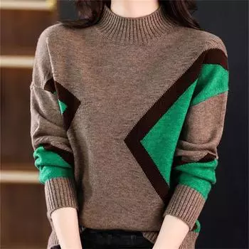 Утолщенный женский свитер осень-зима с цветными блоками и полувысоким воротом One Size белый