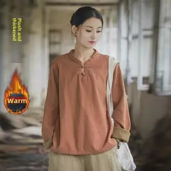 Утолщенный женский топ из хлопка и льна в стиле ретро на пуговицах - Коллекция Весна/Лето One Size