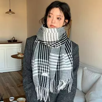 Утолщенный зимний кашемировый шарф, ветрозащитный женский клетчатый платок, элегантный шерстяной шарф с кисточками для девочек чёрный