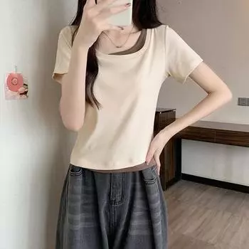 Утягивающая футболка с дизайном на ключице и правом плече, поддельная футболка из двух частей, женская, с короткими рукавами, лето 2024, супер горячий стиль, шикарный топ для горячей девушки S