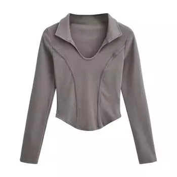 Утягивающая футболка с длинными рукавами и U-образным воротником в стиле ретро, необычный дизайн, уникальная ниша S темно-серого