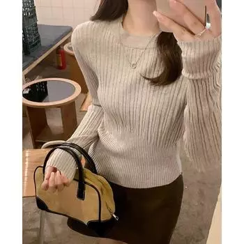 Утягивающая трикотажная рубашка цвета овсянки для женщин на осень и зиму, чистый похотливый стиль для невысоких людей, шикарный топ с длинными рукавами One Size