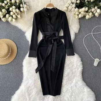 Утягивающее талию платье для темперамента с галстуком-бабочкой для пожилых людей и V-образным вырезом в стиле Хепберн
